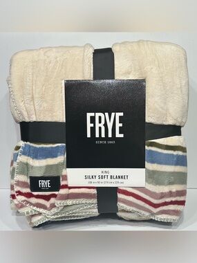 NEW, FRYE King Size Multi-Color Southwestern Stripes/Badge Logo Plush Blanket